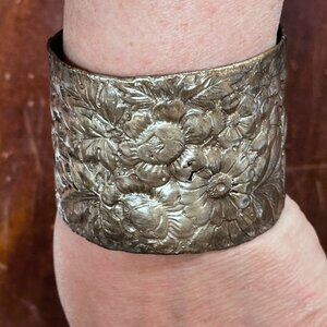 Art Nouveau Sterling Silver Floral Cuff Bracelet 925 Repoussé Victorian Gorham